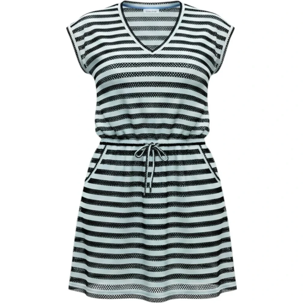 Calvin Klein Striped Mesh‎ Swim Cover-Up Dress Blue Black V-Neck Pockets Large
